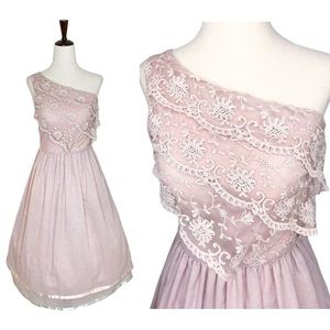 Vintage 70s St. Gillian by Kay Unger Pastel Tiered Lace One Shoulder Dress